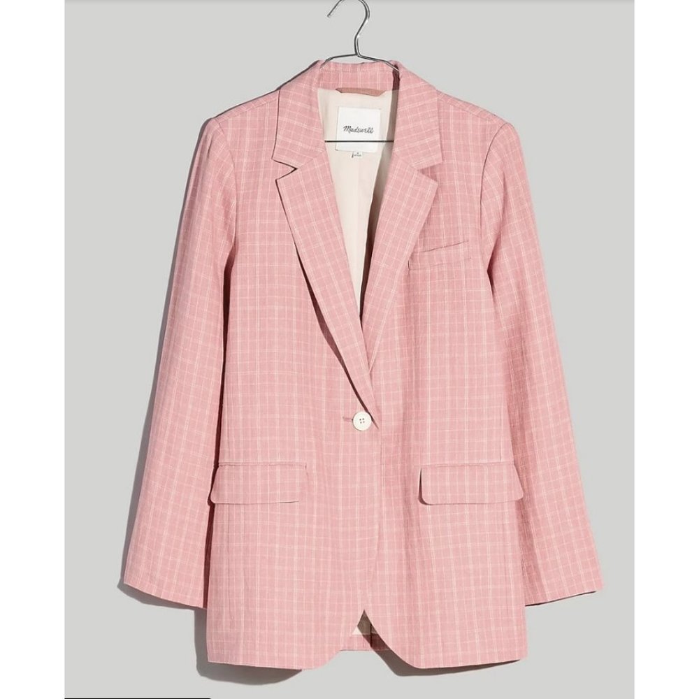 Madewell Pink Plaid Linen Larson Blazer